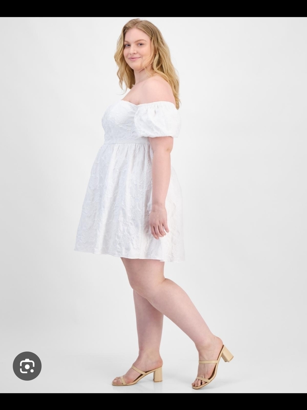 Off-Shoulder White Mini Dress with Puff Sleeves Trendy 14W-16W Fit &Flare